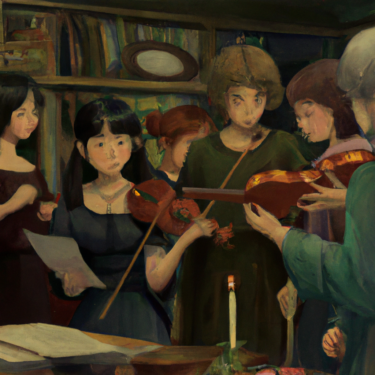 japan, tokyo, anime oil painting, high resolution, ghibli inspired, 4k Multiple Violin Teachers in Learning: The Beginning of Confusion